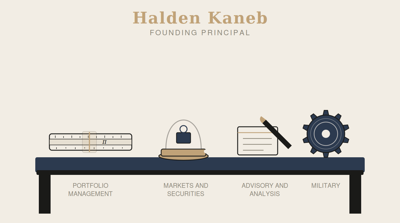 Halden Kaneb, Founding Principal — the workbench: slide rule, ticker dome, notepad, sprocket
